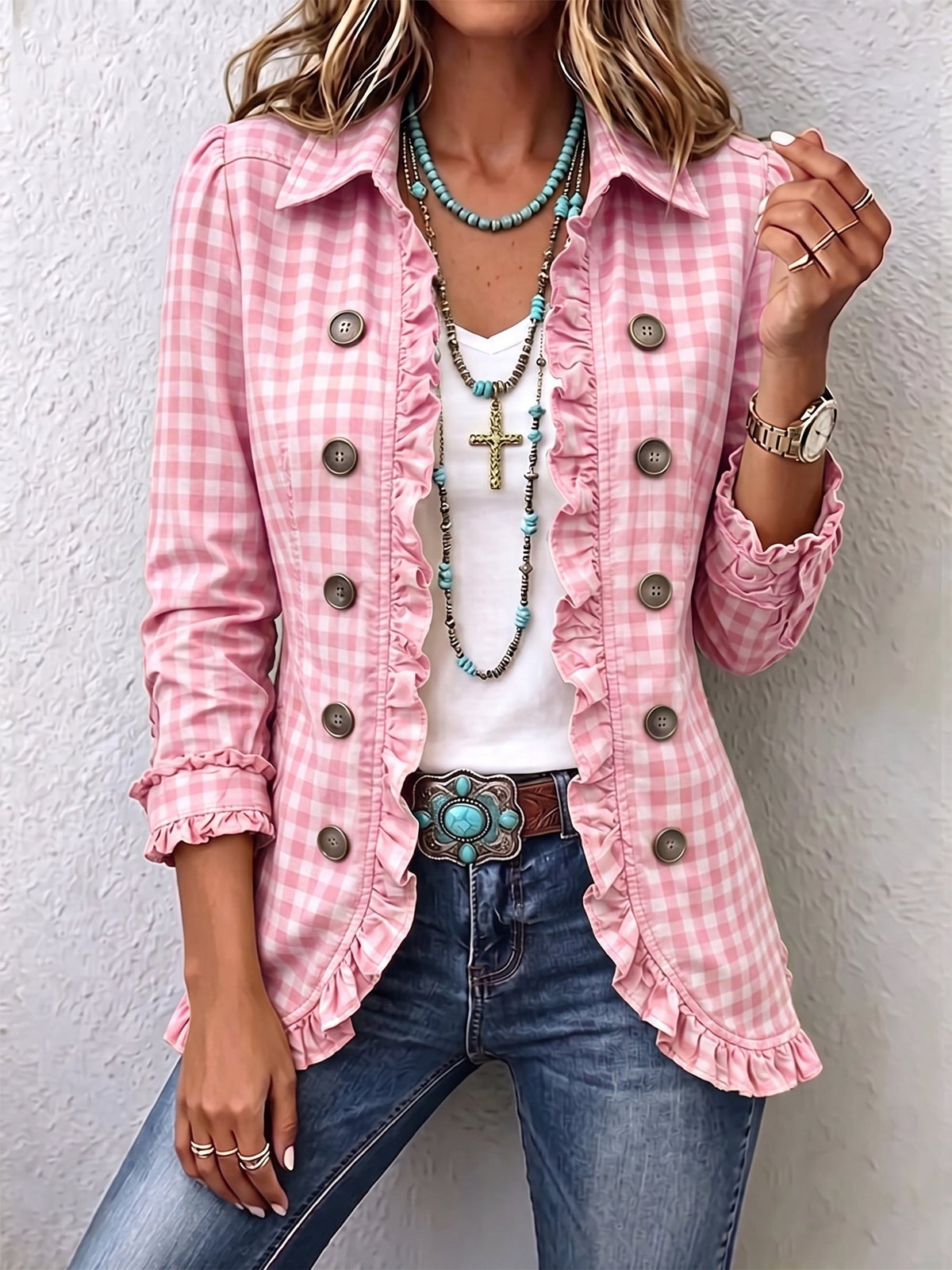 Chiara | Giacca Boho con Volant in Quadretti Vichy