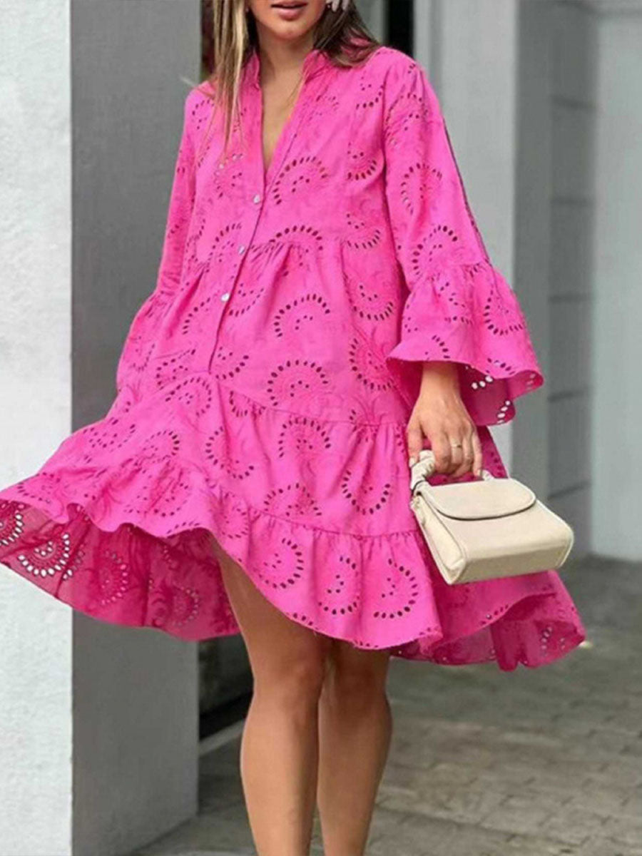 Lucía | Vestito Mini in Pizzo Ricamato con Scollatura a V e Manica Lunga