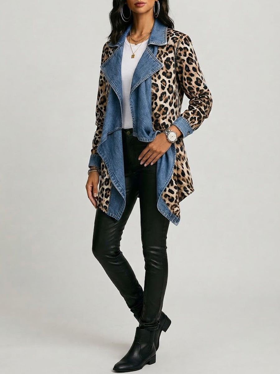 Sabrina | Giacca in Denim con Rever e Maniche Leopardo, Kaki