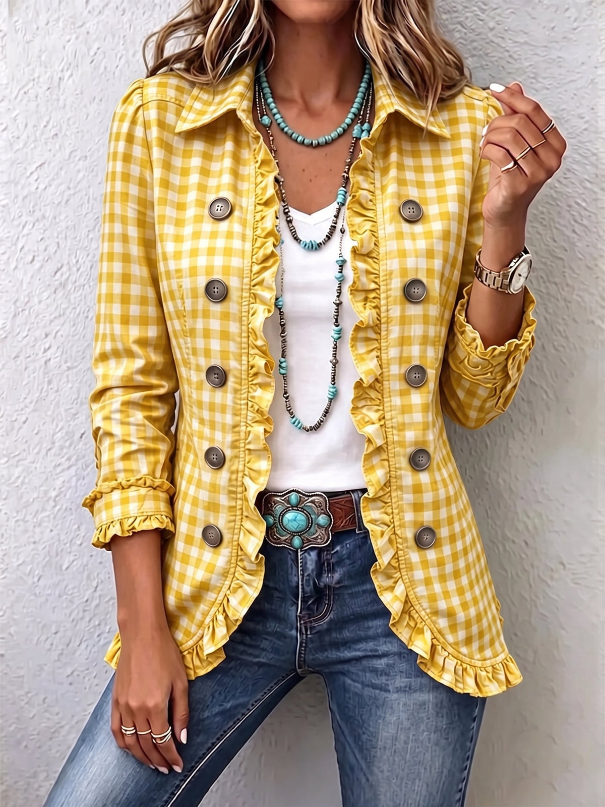 Chiara | Giacca Boho con Volant in Quadretti Vichy