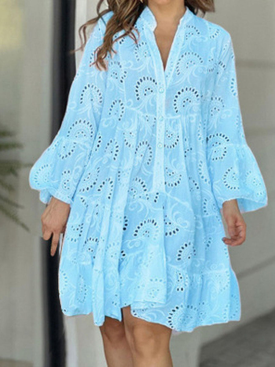 Lucía | Vestito Mini in Pizzo Ricamato con Scollatura a V e Manica Lunga