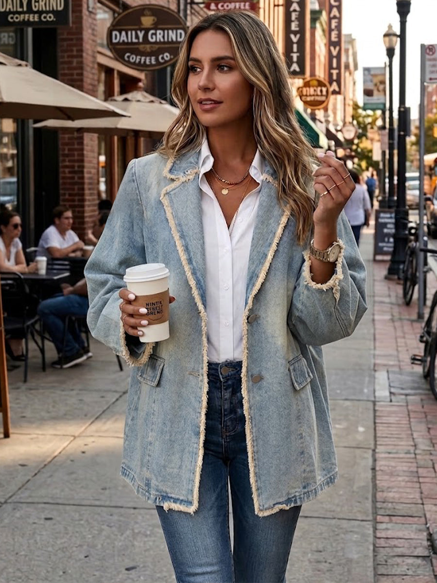 Daniela | Blazer Oversize in Denim con Bordi Sfrangiati, Blu Chiaro