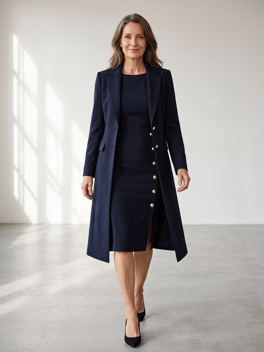 Santina | Completo Blazer Lungo e Abito Senza Maniche con Bottoni Dorati