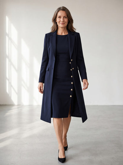 Santina | Completo Blazer Lungo e Abito Senza Maniche con Bottoni Dorati