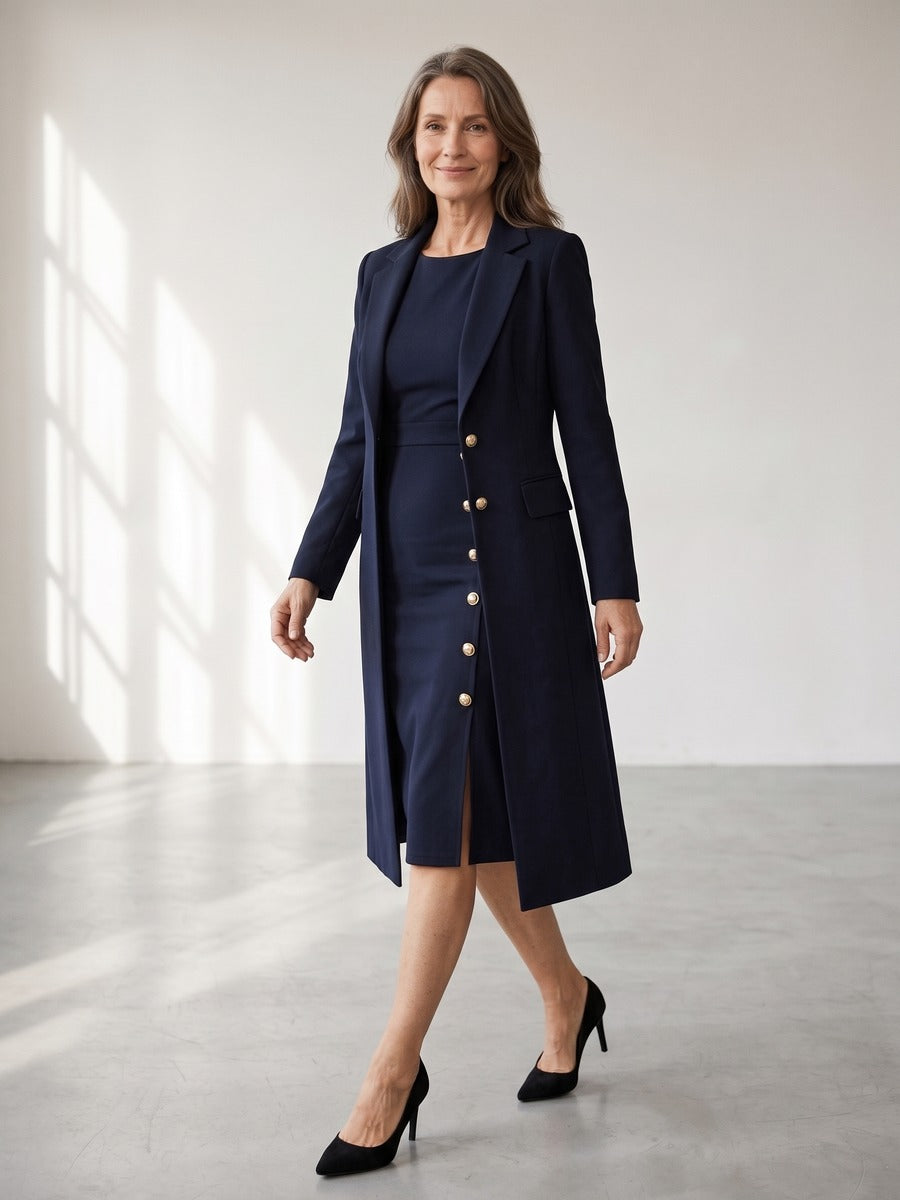 Santina | Completo Blazer Lungo e Abito Senza Maniche con Bottoni Dorati