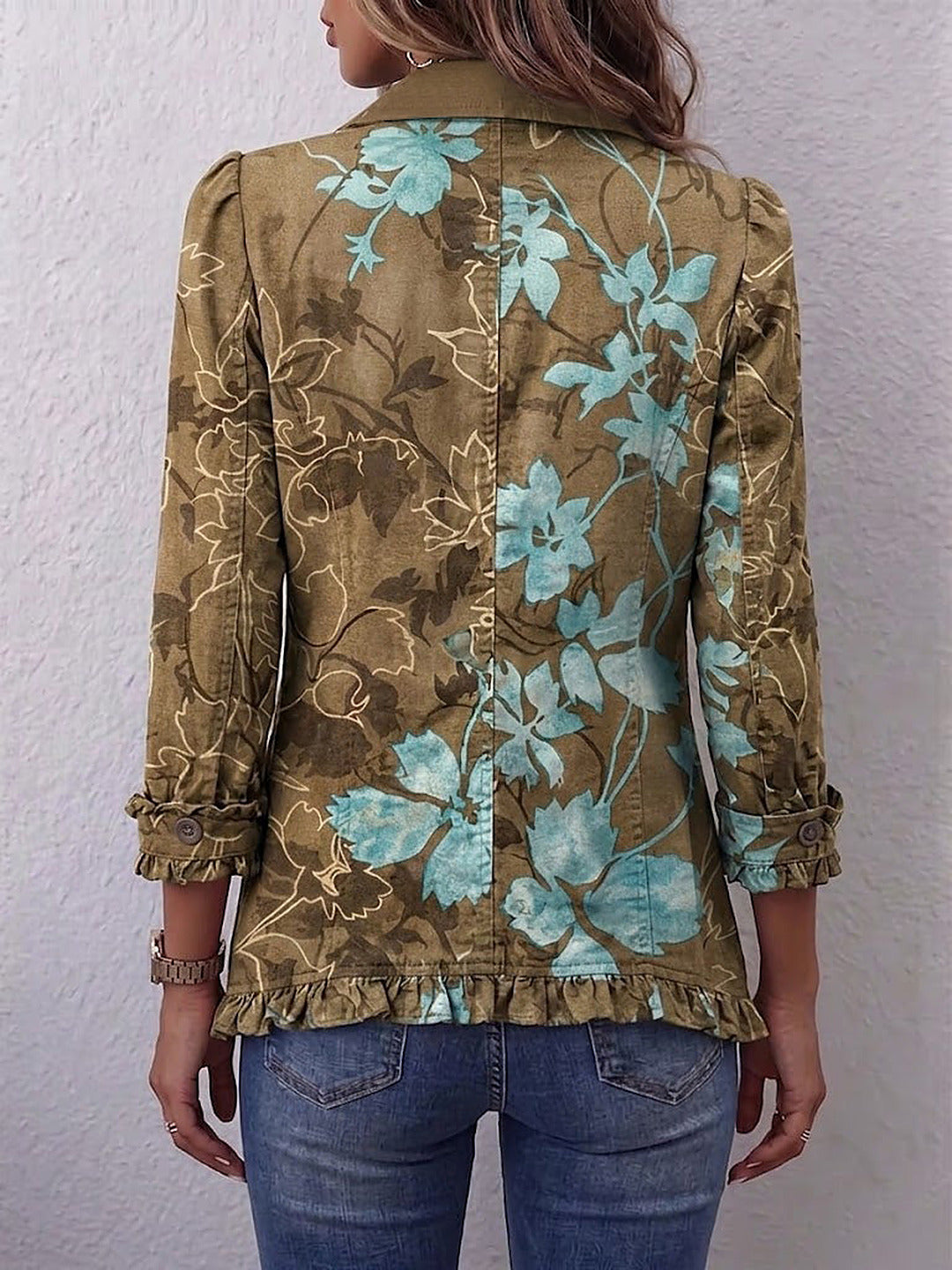 Silvia | Giacca Boho con Volant, Fantasia Floreale Verde Oliva