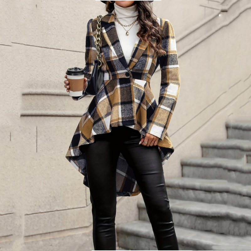 Cappotto Peplum a Quadri Donna Alto-Basso