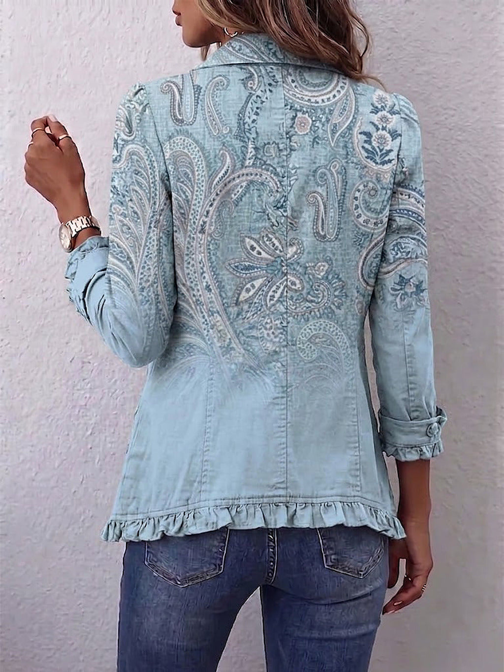 Stefania | Giacca Boho con Volant, Paisley Azzurro