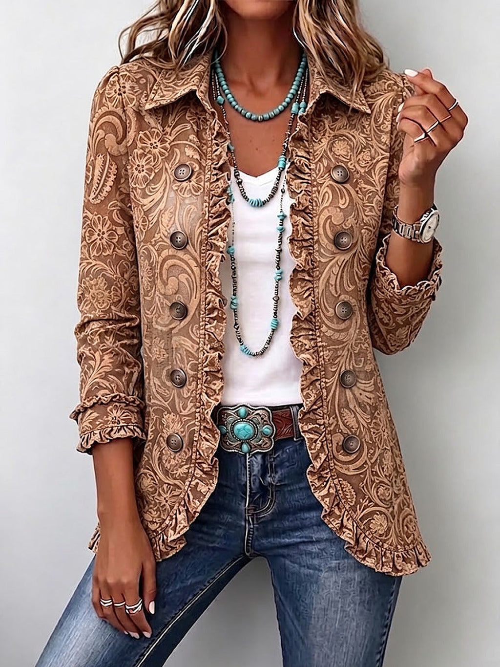 Valentina | Giacca Boho con Volant, Paisley Cammello