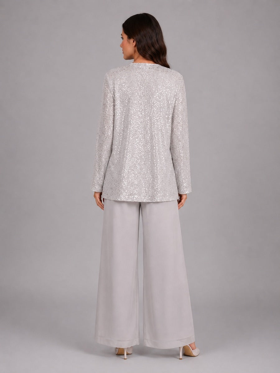 Zelinda | Completo Tre Pezzi con Giacca Aperta in Paillettes, Top e Pantaloni a Gamba Larga