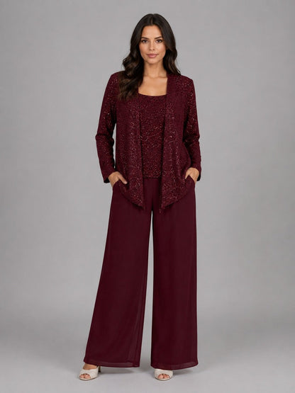 Zelinda | Completo Tre Pezzi con Giacca Aperta in Paillettes, Top e Pantaloni a Gamba Larga